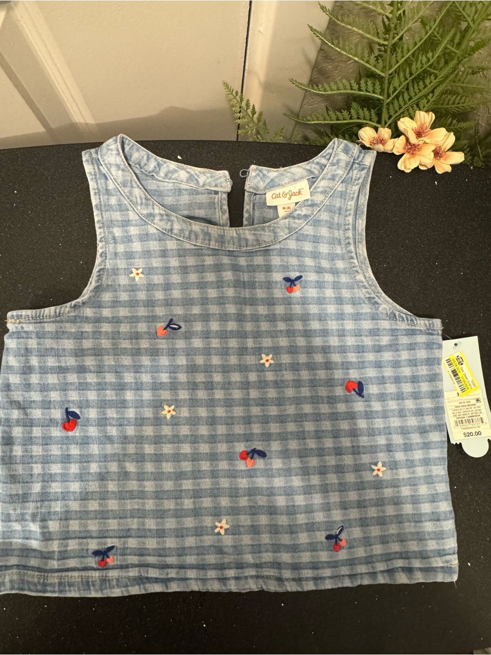 Cat & Jack Blue Gingham Tank Top with Cherry Embroidery